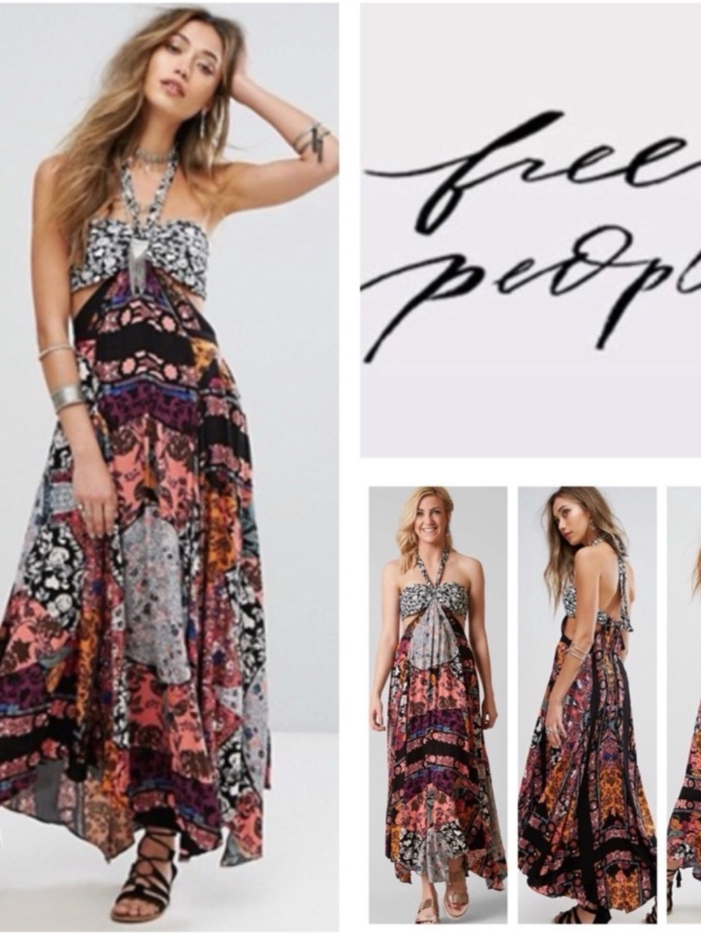 Free People Boho Patchwork Halter Maxi Dress - Black Multi